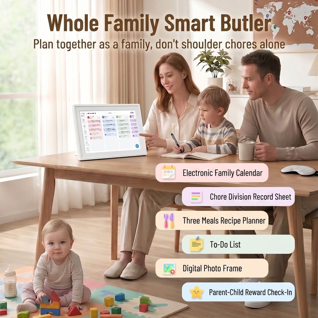 Smart Digital Calendar & Photo Frame - Family Organizer with Schedule Sync, Task Management, Vibrant Display, White