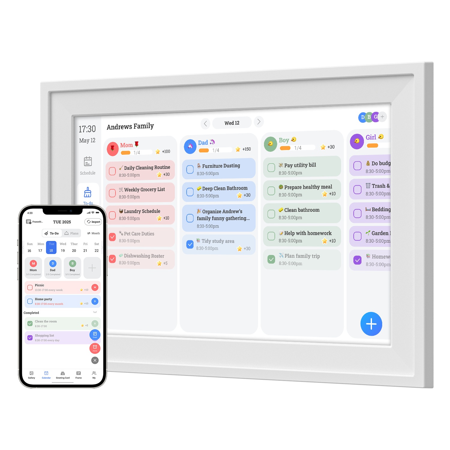 Smart Digital Calendar & Photo Frame - Family Organizer with Schedule Sync, Task Management, Vibrant Display, White