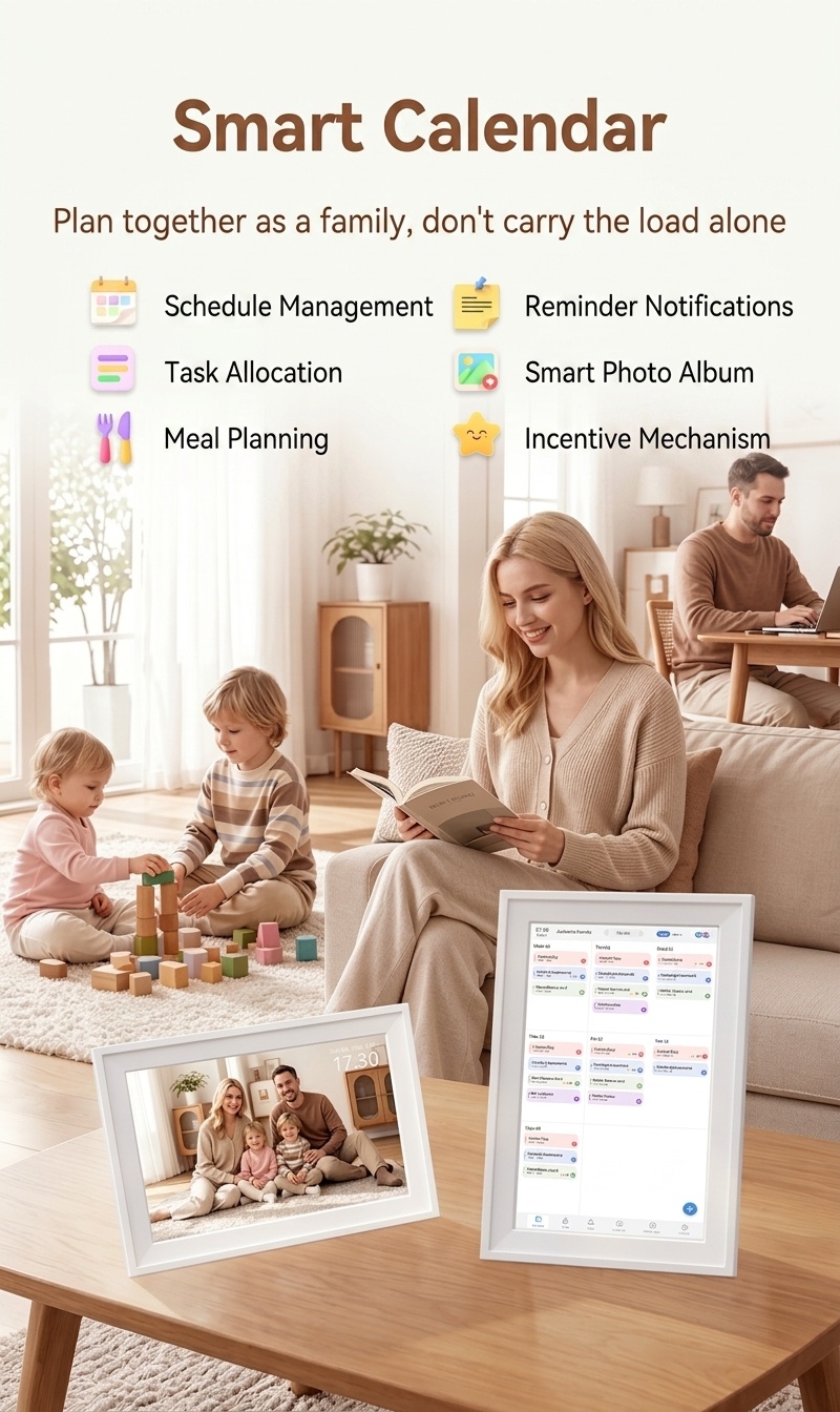 Smart Digital Calendar & Photo Frame - Family Organizer with Schedule Sync, Task Management, Vibrant Display, White