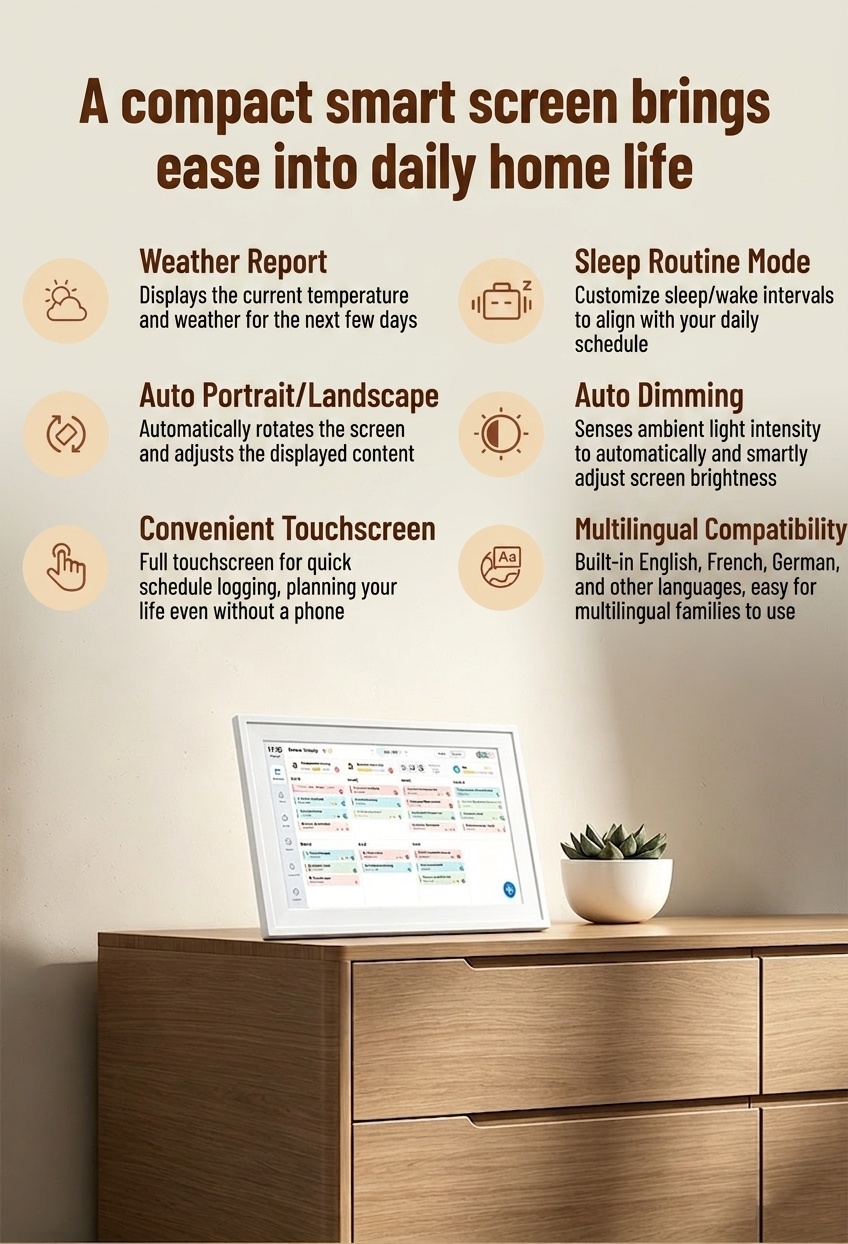Smart Digital Calendar & Photo Frame - Family Organizer with Schedule Sync, Task Management, Vibrant Display, White