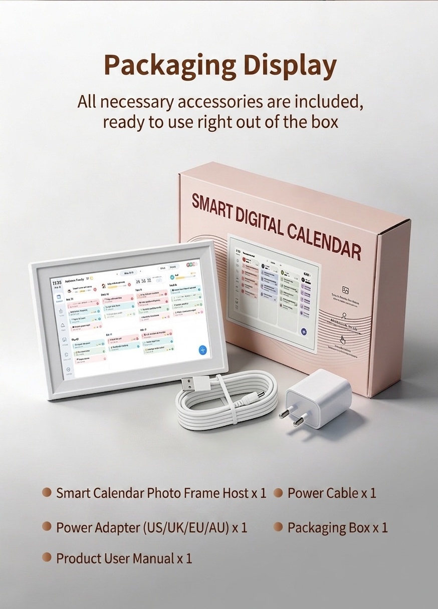 Smart Digital Calendar & Photo Frame - Family Organizer with Schedule Sync, Task Management, Vibrant Display, White