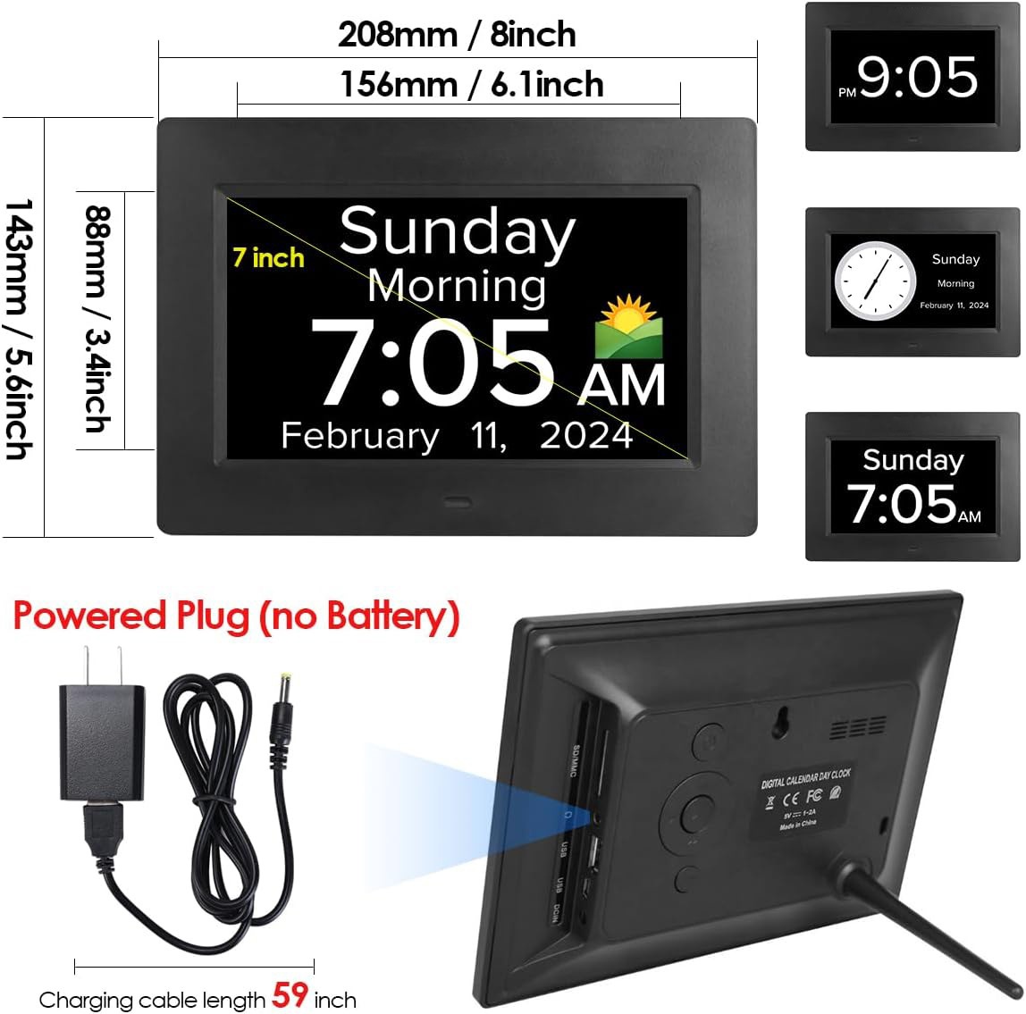 7-Inch Digital Calendar Day Clock for Seniors & Dementia - Extra Large LCD Display, 8 Pill Reminders, Auto-Dimming, 11 Languages, White