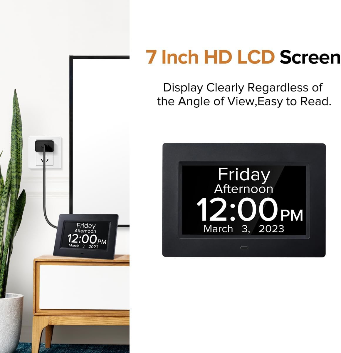 7-Inch Digital Calendar Day Clock for Seniors & Dementia - Extra Large LCD Display, 8 Pill Reminders, Auto-Dimming, 11 Languages, White