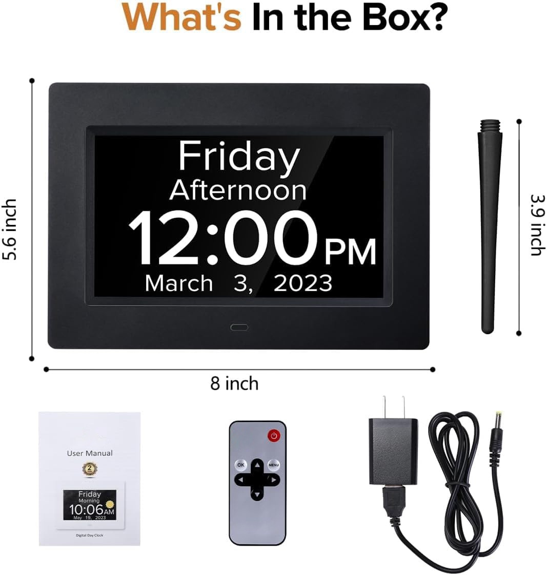 7-Inch Digital Calendar Day Clock for Seniors & Dementia - Extra Large LCD Display, 8 Pill Reminders, Auto-Dimming, 11 Languages, White