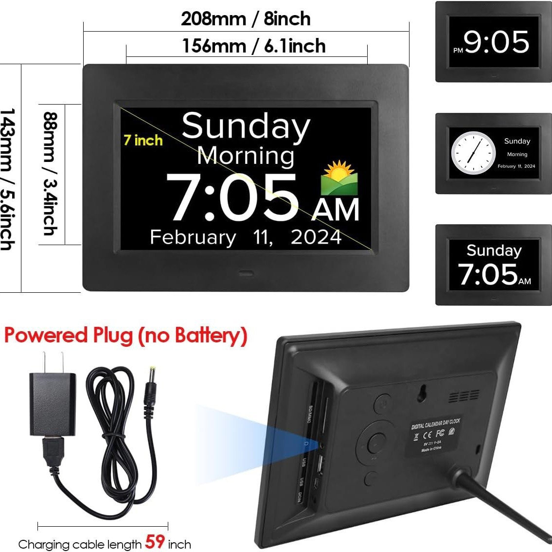 7-Inch Digital Calendar Day Clock for Seniors & Dementia - Extra Large LCD Display, 8 Pill Reminders, Auto-Dimming, 11 Languages, White