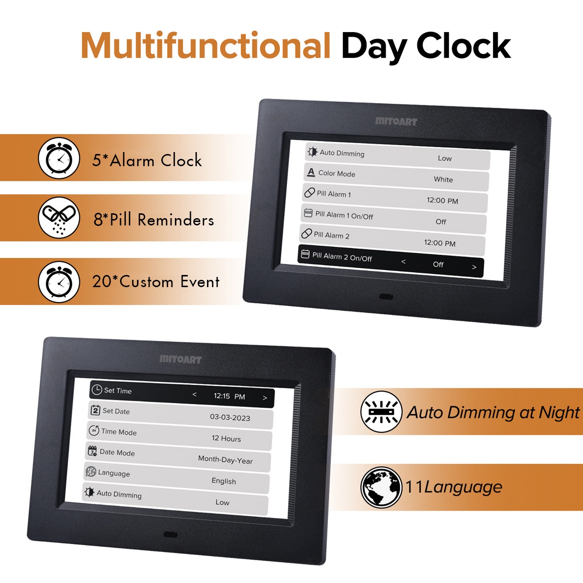 7-Inch Digital Calendar Day Clock for Seniors & Dementia - Extra Large LCD Display, 8 Pill Reminders, Auto-Dimming, 11 Languages, White