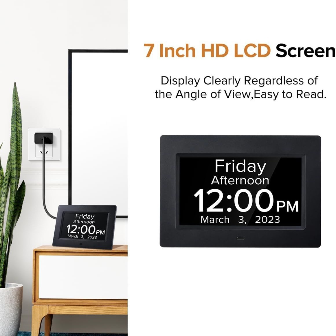 7-Inch Digital Calendar Day Clock for Seniors & Dementia - Extra Large LCD Display, 8 Pill Reminders, Auto-Dimming, 11 Languages, White