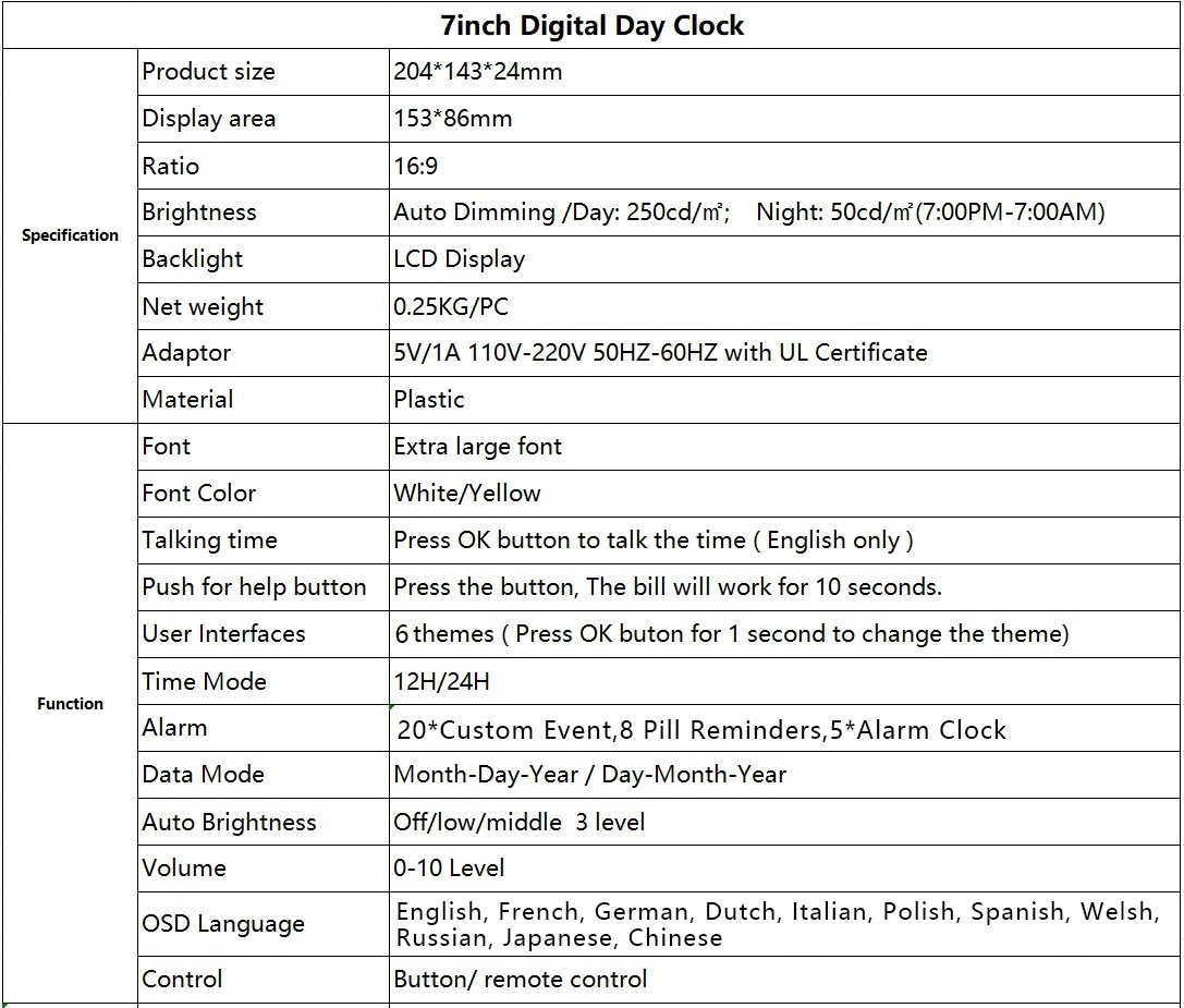 7-Inch Digital Calendar Day Clock for Seniors & Dementia - Extra Large LCD Display, 8 Pill Reminders, Auto-Dimming, 11 Languages, White