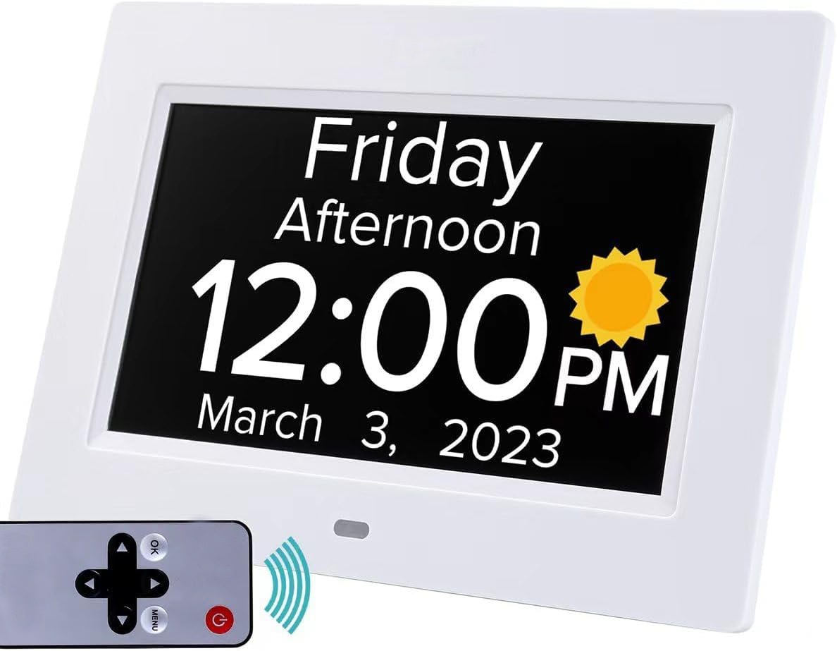 7-Inch Digital Calendar Day Clock for Seniors & Dementia - Extra Large LCD Display, 8 Pill Reminders, Auto-Dimming, 11 Languages, White
