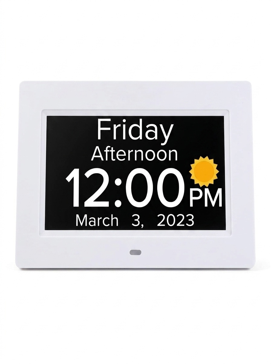 7-Inch Digital Calendar Day Clock for Seniors & Dementia - Extra Large LCD Display, 8 Pill Reminders, Auto-Dimming, 11 Languages, White