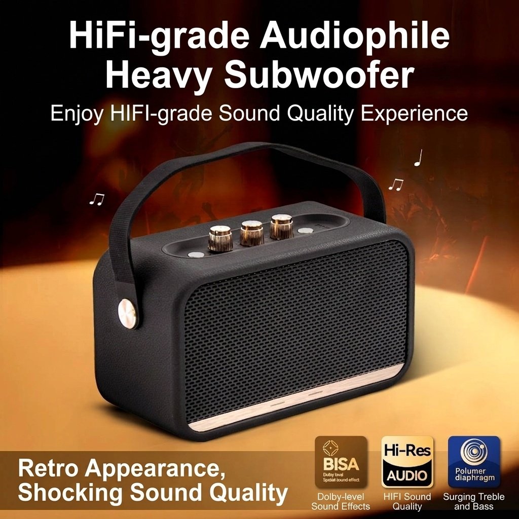 Retro Portable Bluetooth Speaker with Deep Bass, Vintage HiFi Audio, Extended Playtime, Long Range Wireless Sound System with Carry Strap for Travel