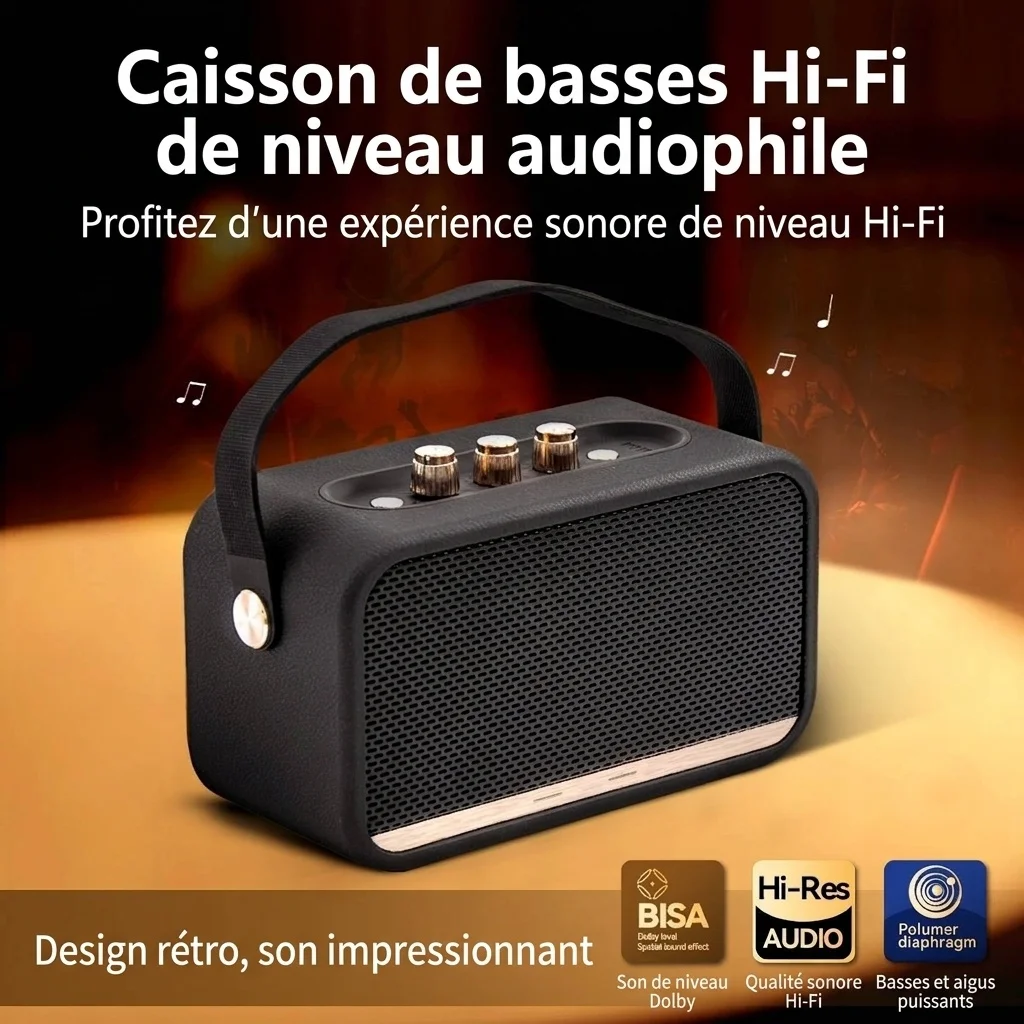 Retro Portable Bluetooth Speaker with Deep Bass, Vintage HiFi Audio, Extended Playtime, Long Range Wireless Sound System with Carry Strap for Travel