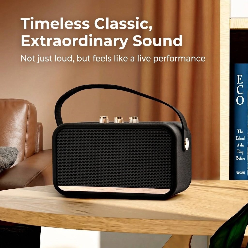 Retro Portable Bluetooth Speaker with Deep Bass, Vintage HiFi Audio, Extended Playtime, Long Range Wireless Sound System with Carry Strap for Travel
