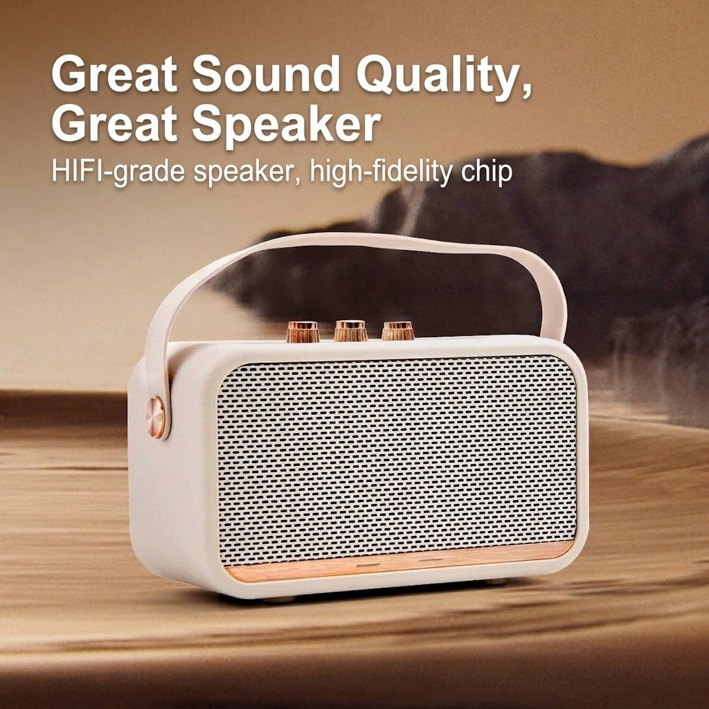 Retro Portable Bluetooth Speaker with Deep Bass, Vintage HiFi Audio, Extended Playtime, Long Range Wireless Sound System with Carry Strap for Travel