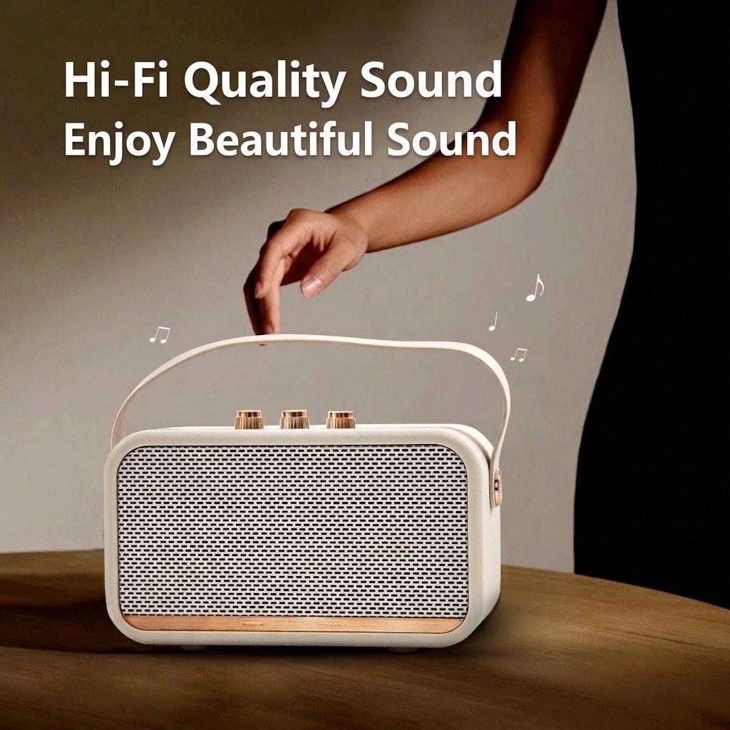 Retro Portable Bluetooth Speaker with Deep Bass, Vintage HiFi Audio, Extended Playtime, Long Range Wireless Sound System with Carry Strap for Travel
