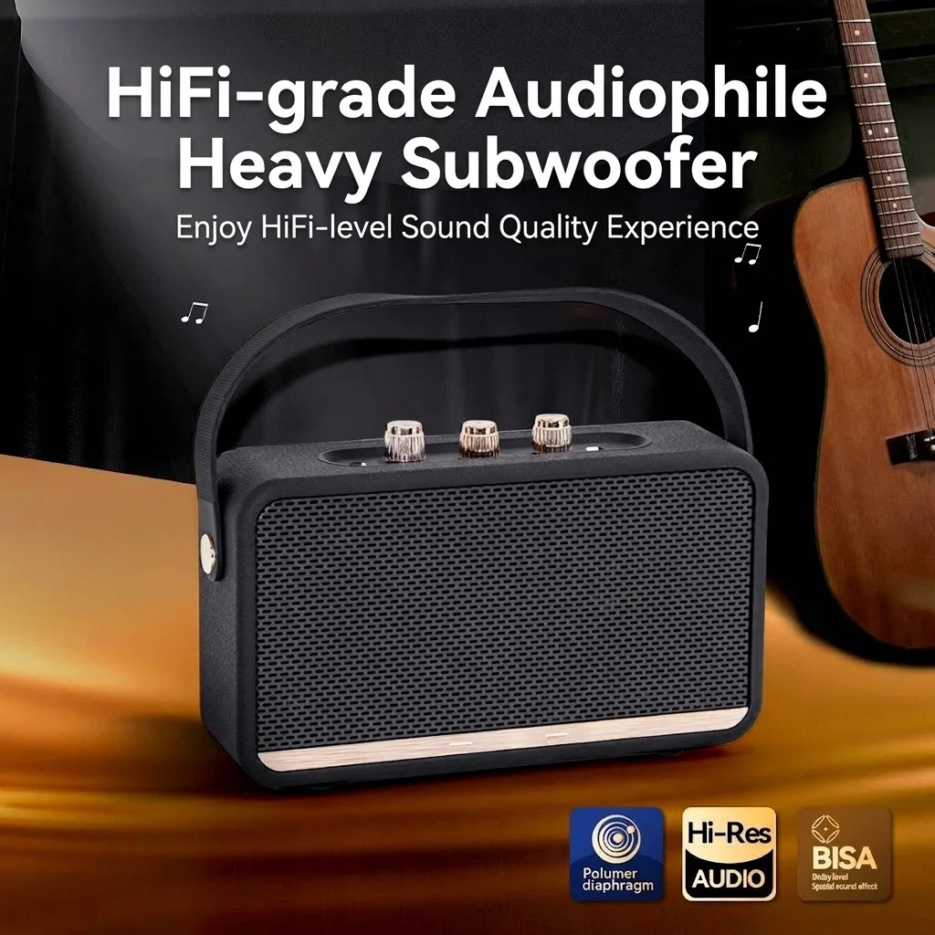 Retro Portable Bluetooth Speaker 20W HiFi Audio, Deep Bass, IPX7 Waterproof, 15H Playtime, 30ft Wireless Range, Vintage Travel Speaker with Strap