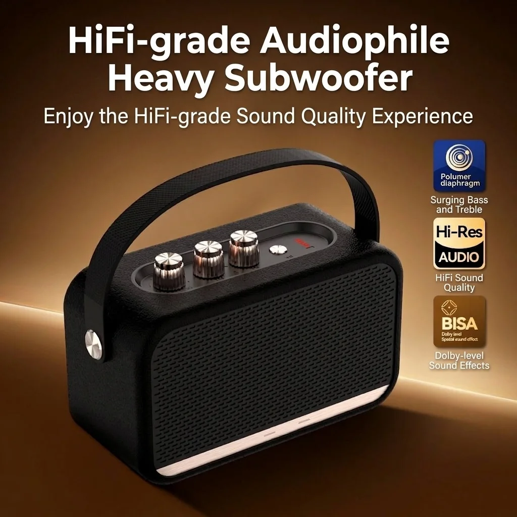 Retro Portable Bluetooth Speaker, Powerful Hi-Res Audio with Deep Bass, Extended Playtime Battery, Vintage Wireless Outdoor Sound with Carry Strap