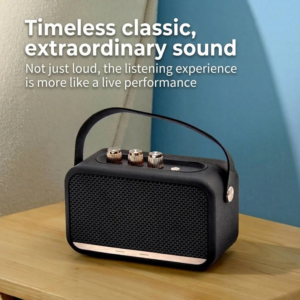 Retro Portable Bluetooth Speaker, Powerful Hi-Res Audio with Deep Bass, Extended Playtime Battery, Vintage Wireless Outdoor Sound with Carry Strap