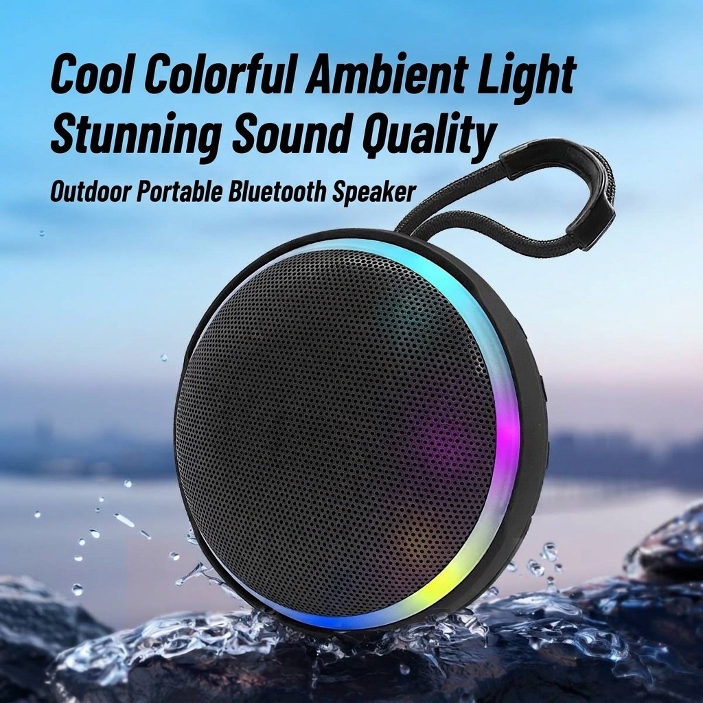 Waterproof Portable Bluetooth Speaker with RGB Lights, 10W Rich Sound, IPX7 Waterproof, 15H Playtime, 30ft Wireless Range, Outdoor Travel Speaker