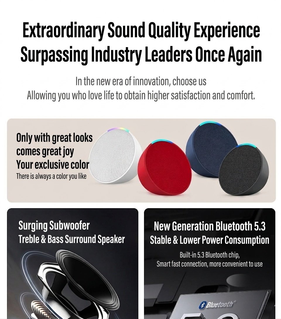 Portable Bluetooth 5.3 Speaker 10W, Vibrant RGB Light, TWS Stereo Pairing, Deep Bass, 3H Playtime, 15m Wireless Range, Outdoor Mini Party Speaker