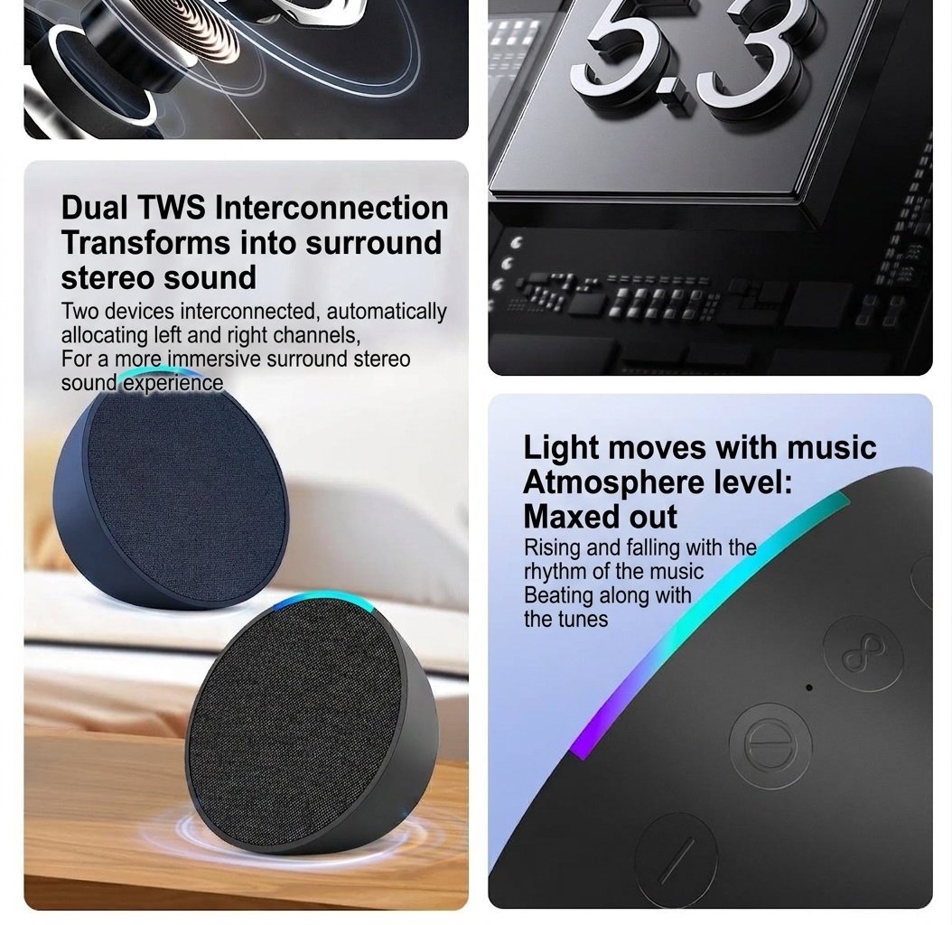 Portable Bluetooth 5.3 Speaker 10W, Vibrant RGB Light, TWS Stereo Pairing, Deep Bass, 3H Playtime, 15m Wireless Range, Outdoor Mini Party Speaker