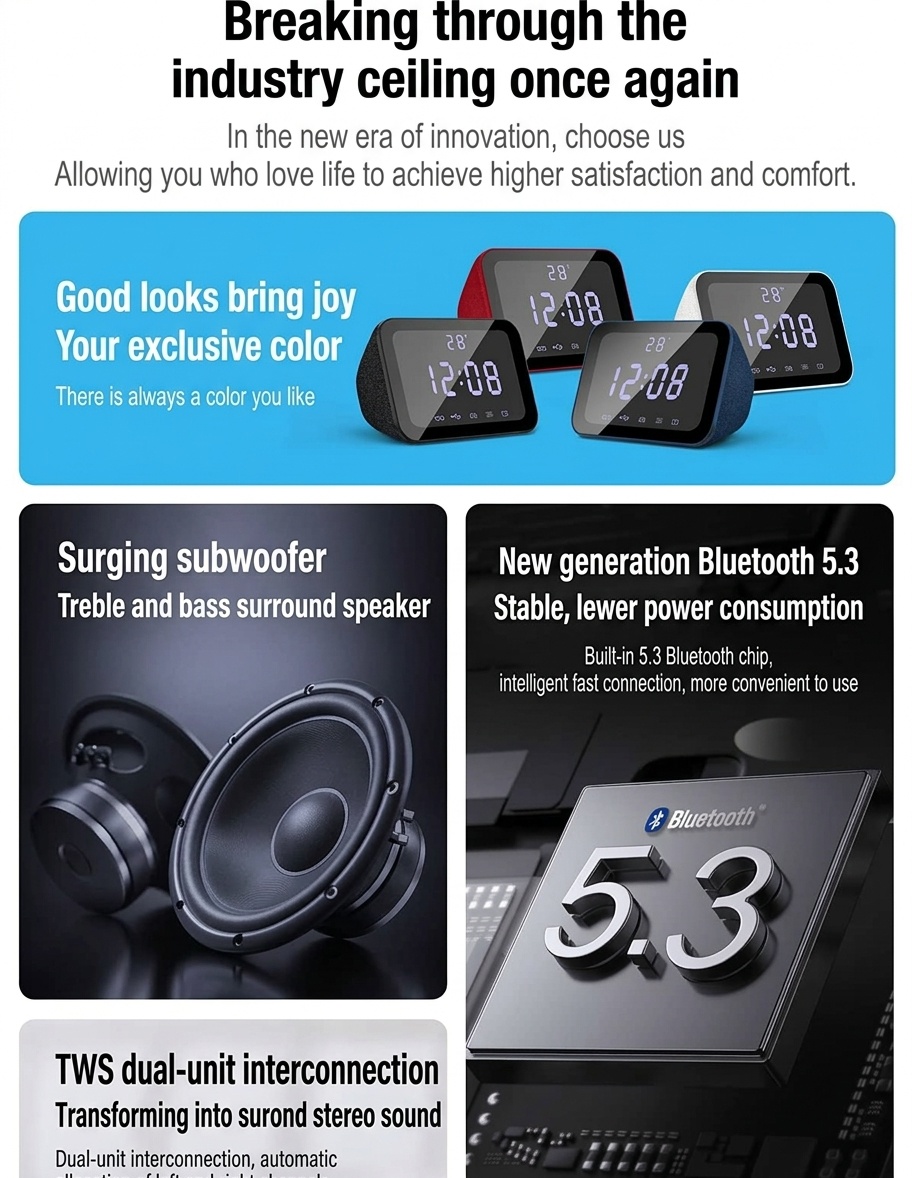 HIFI Portable Bluetooth Speaker 10W with LED Digital Alarm Clock, Temperature Display, 5H Playtime, FM Radio, Compact Desktop Bedside Wireless Speaker