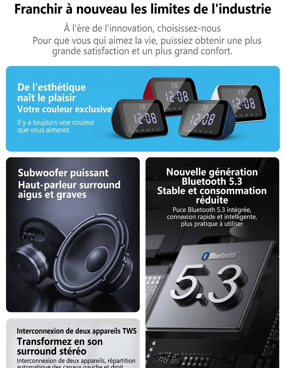 HIFI Portable Bluetooth Speaker 10W with LED Digital Alarm Clock, Temperature Display, 5H Playtime, FM Radio, Compact Desktop Bedside Wireless Speaker
