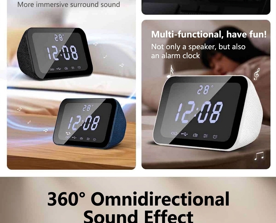HIFI Portable Bluetooth Speaker 10W with LED Digital Alarm Clock, Temperature Display, 5H Playtime, FM Radio, Compact Desktop Bedside Wireless Speaker