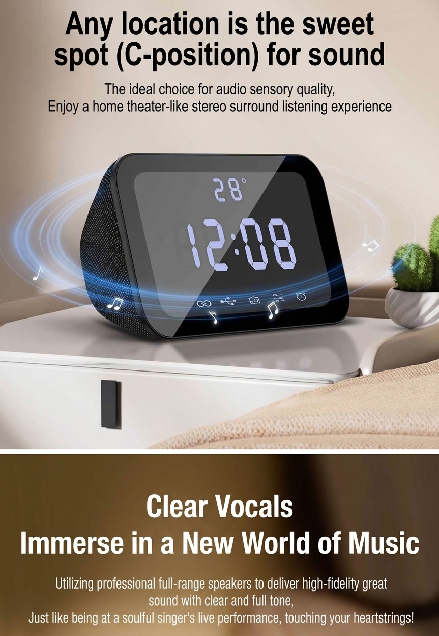 HIFI Portable Bluetooth Speaker 10W with LED Digital Alarm Clock, Temperature Display, 5H Playtime, FM Radio, Compact Desktop Bedside Wireless Speaker