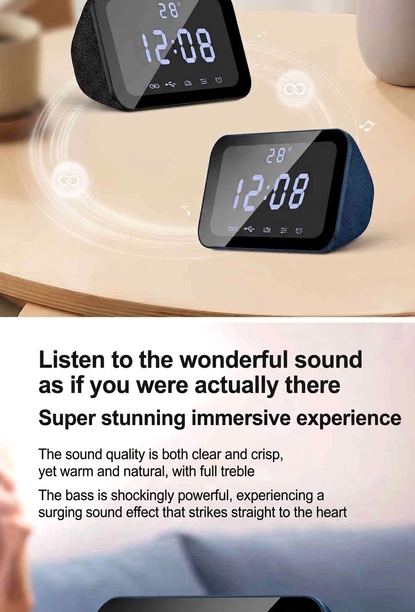 HIFI Portable Bluetooth Speaker 10W with LED Digital Alarm Clock, Temperature Display, 5H Playtime, FM Radio, Compact Desktop Bedside Wireless Speaker