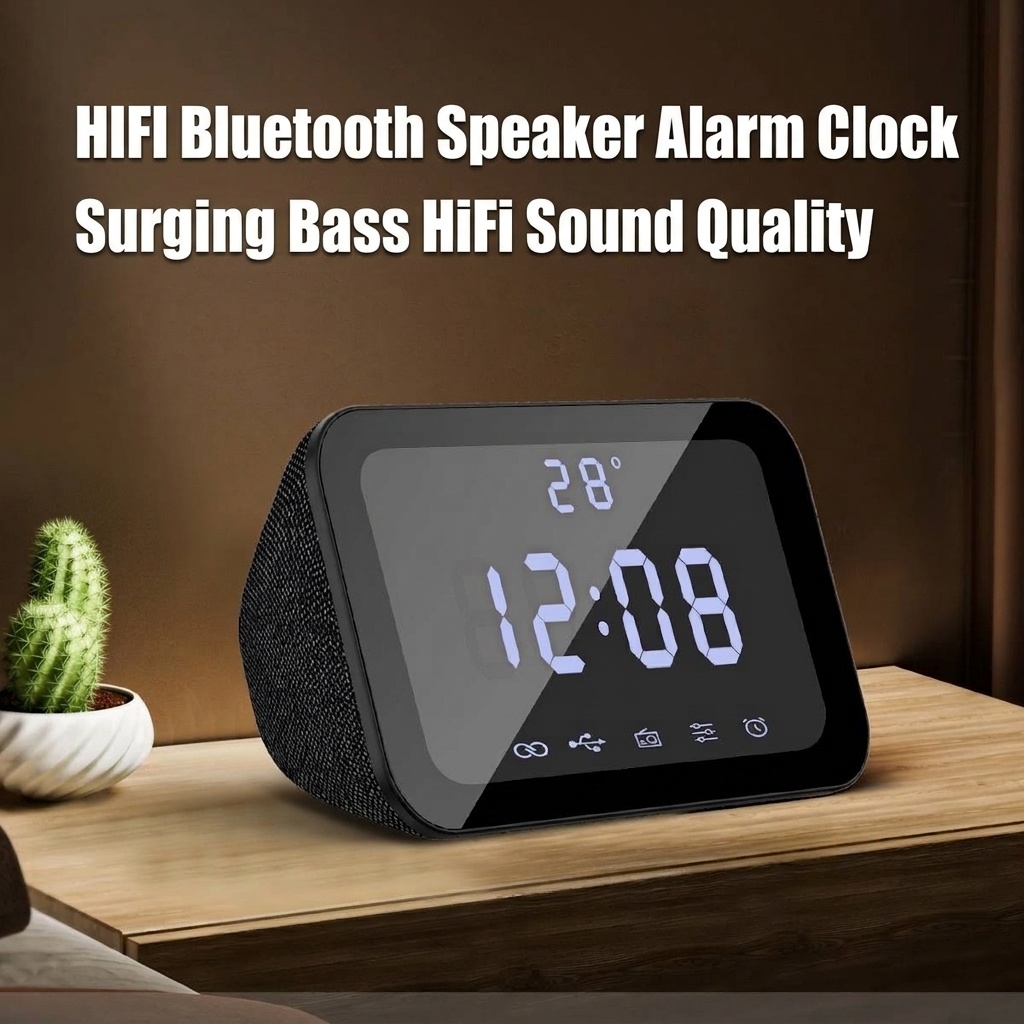 HIFI Portable Bluetooth Speaker 10W with LED Digital Alarm Clock, Temperature Display, 5H Playtime, FM Radio, Compact Desktop Bedside Wireless Speaker