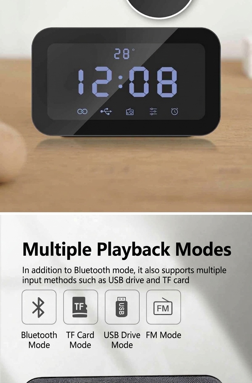 HIFI Portable Bluetooth Speaker 10W with LED Digital Alarm Clock, Temperature Display, 5H Playtime, FM Radio, Compact Desktop Bedside Wireless Speaker