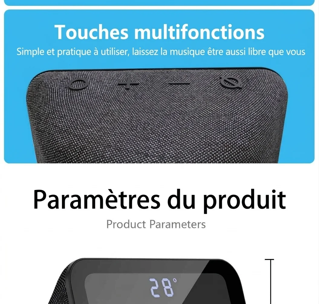 HIFI Portable Bluetooth Speaker 10W with LED Digital Alarm Clock, Temperature Display, 5H Playtime, FM Radio, Compact Desktop Bedside Wireless Speaker