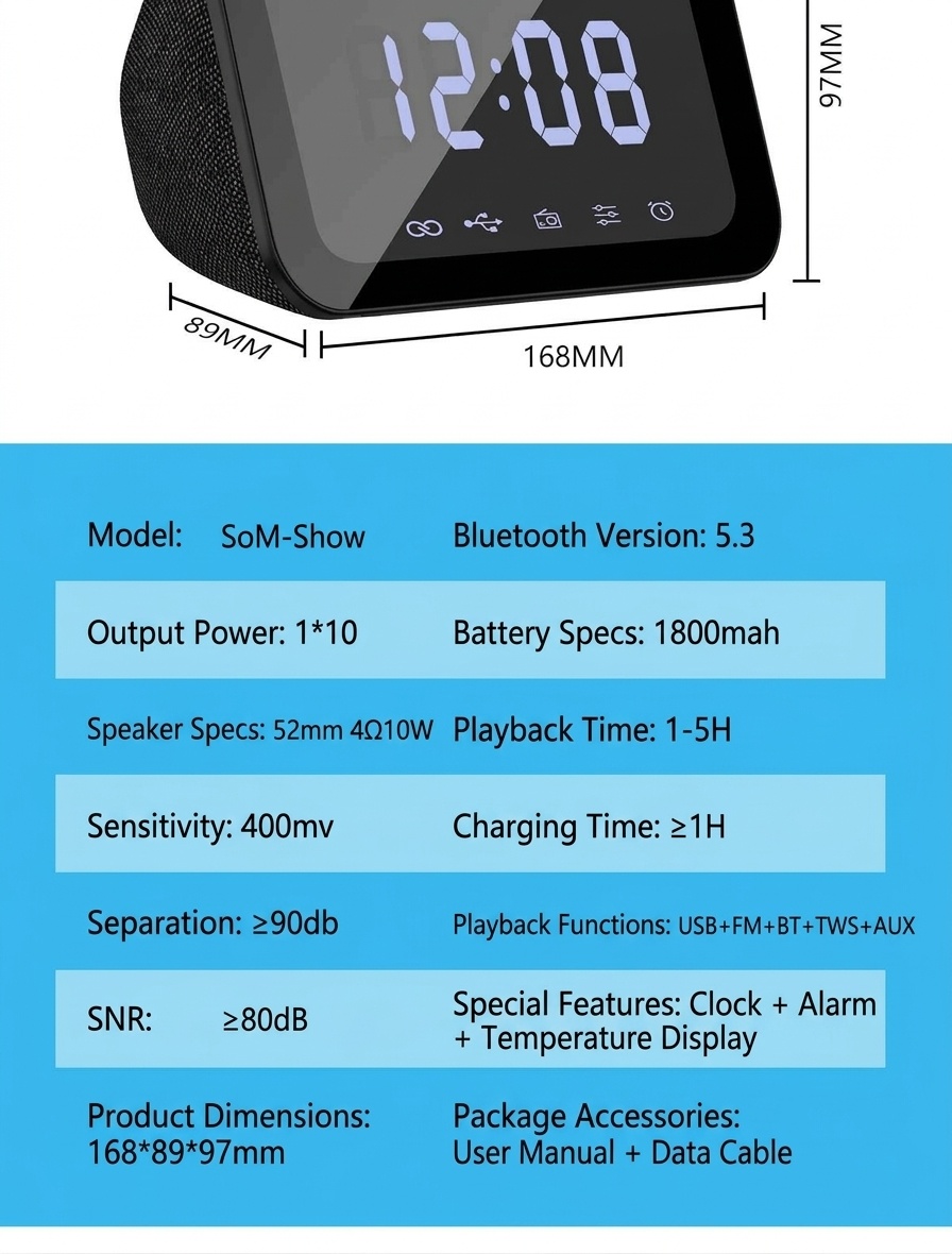 HIFI Portable Bluetooth Speaker 10W with LED Digital Alarm Clock, Temperature Display, 5H Playtime, FM Radio, Compact Desktop Bedside Wireless Speaker