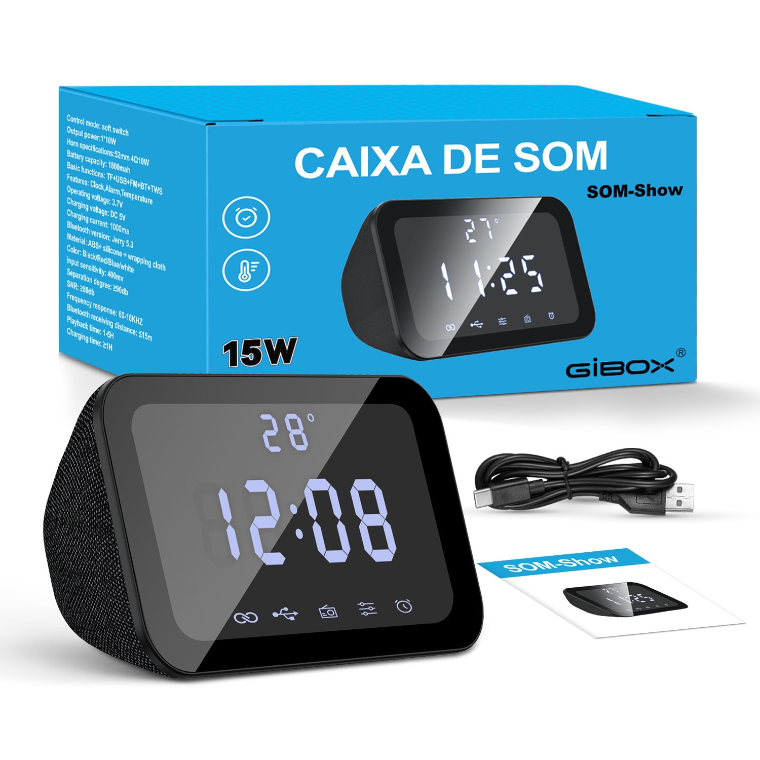 HIFI Portable Bluetooth Speaker 10W with LED Digital Alarm Clock, Temperature Display, 5H Playtime, FM Radio, Compact Desktop Bedside Wireless Speaker