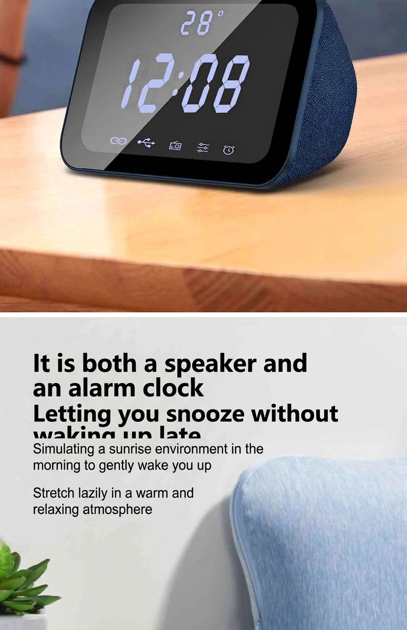 HIFI Portable Bluetooth Speaker 10W with LED Digital Alarm Clock, Temperature Display, 5H Playtime, FM Radio, Compact Desktop Bedside Wireless Speaker