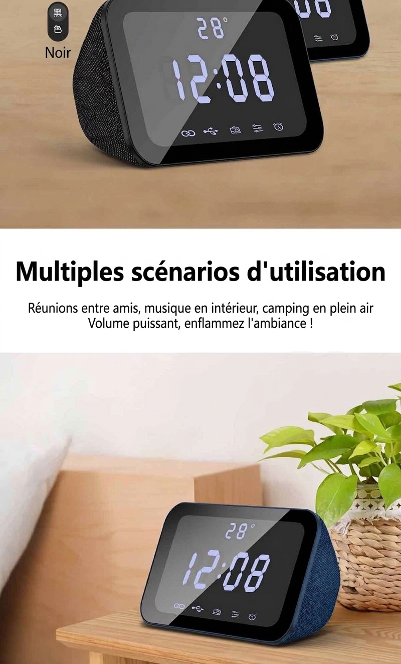 HIFI Portable Bluetooth Speaker 10W with LED Digital Alarm Clock, Temperature Display, 5H Playtime, FM Radio, Compact Desktop Bedside Wireless Speaker