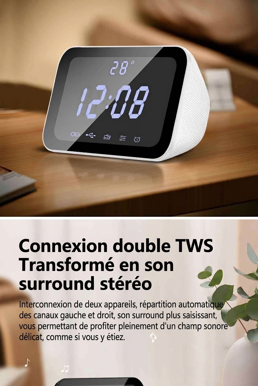 HIFI Portable Bluetooth Speaker 10W with LED Digital Alarm Clock, Temperature Display, 5H Playtime, FM Radio, Compact Desktop Bedside Wireless Speaker
