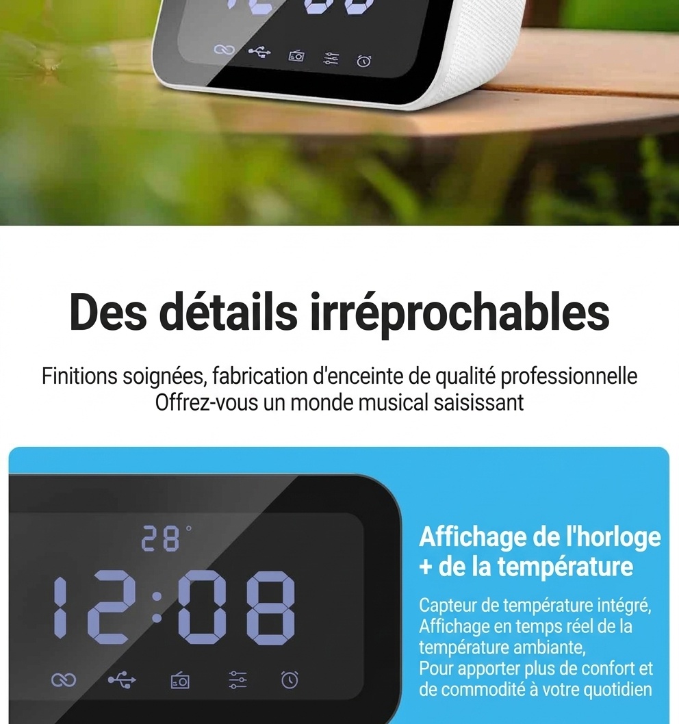 HIFI Portable Bluetooth Speaker 10W with LED Digital Alarm Clock, Temperature Display, 5H Playtime, FM Radio, Compact Desktop Bedside Wireless Speaker