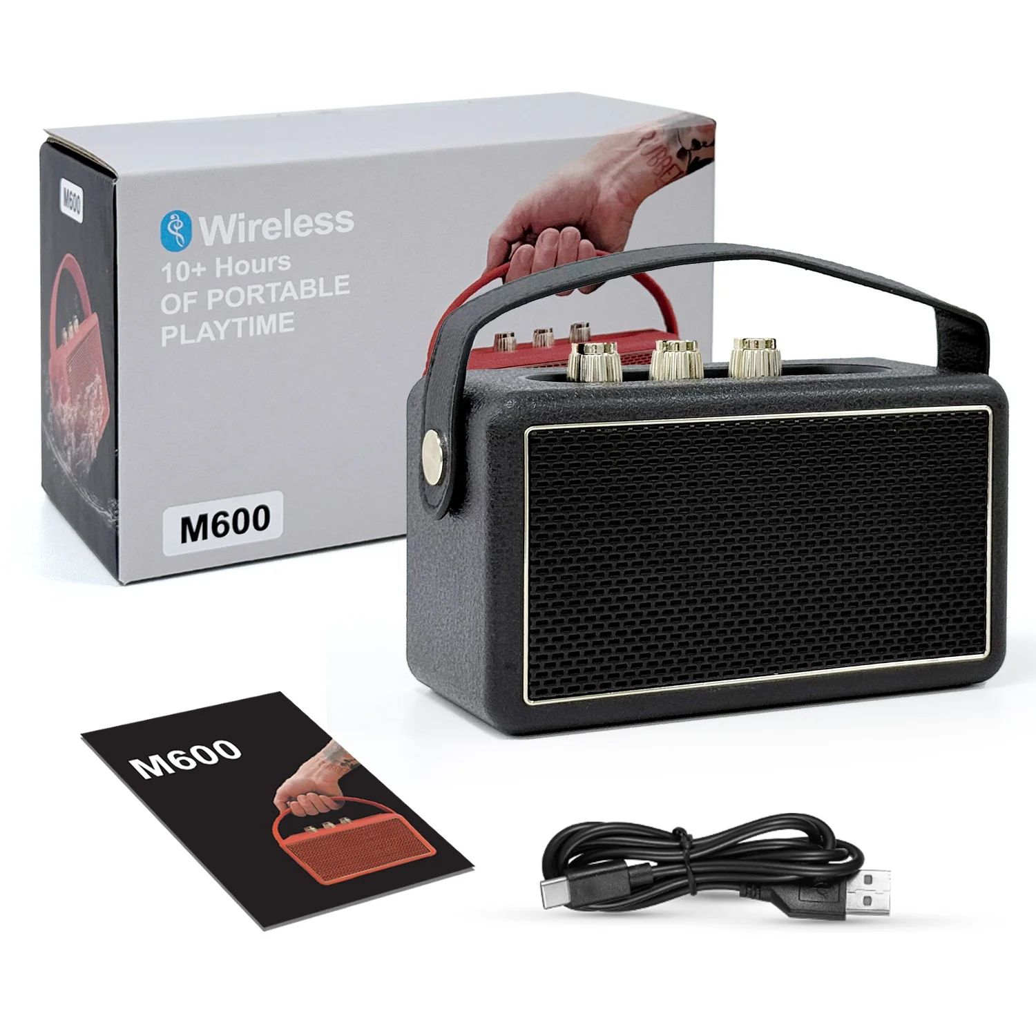 M600 Retro Portable Bluetooth Speaker, 10W Vintage Audio, 10+ Hours Playtime, Splash-Proof Design, Wireless Travel Sound System with Carry Strap