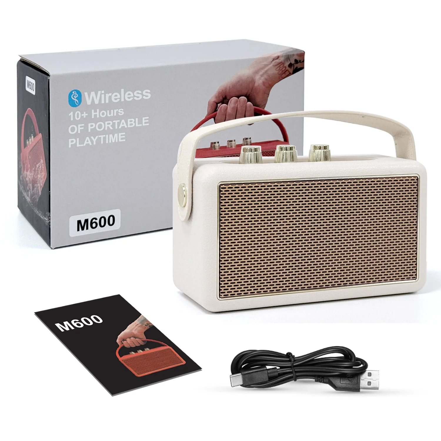 M600 Retro Portable Bluetooth Speaker, 10W Vintage Audio, 10+ Hours Playtime, Splash-Proof Design, Wireless Travel Sound System with Carry Strap
