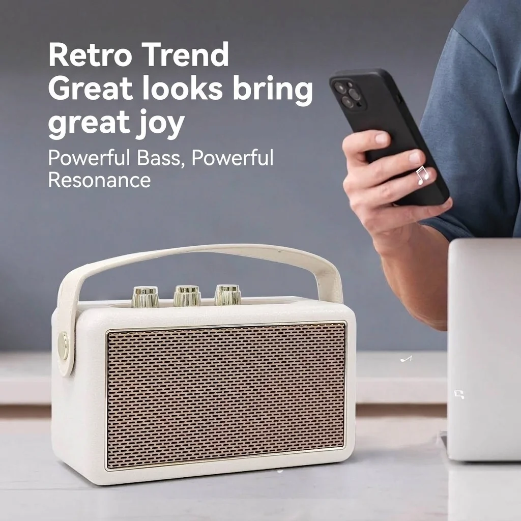 M600 Retro Portable Bluetooth Speaker, 10W Vintage Audio, 10+ Hours Playtime, Splash-Proof Design, Wireless Travel Sound System with Carry Strap