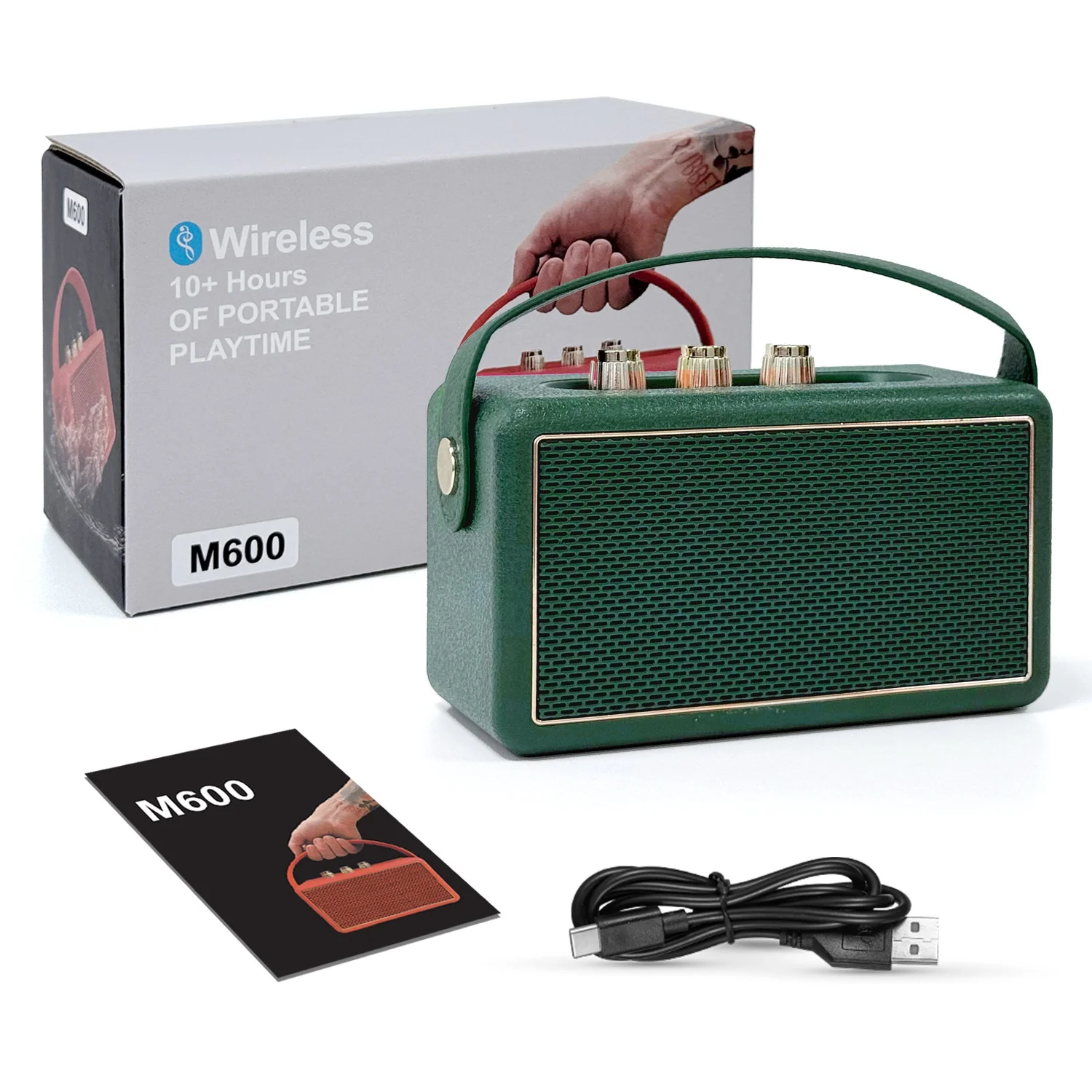 M600 Retro Portable Bluetooth Speaker, 10W Vintage Audio, 10+ Hours Playtime, Splash-Proof Design, Wireless Travel Sound System with Carry Strap