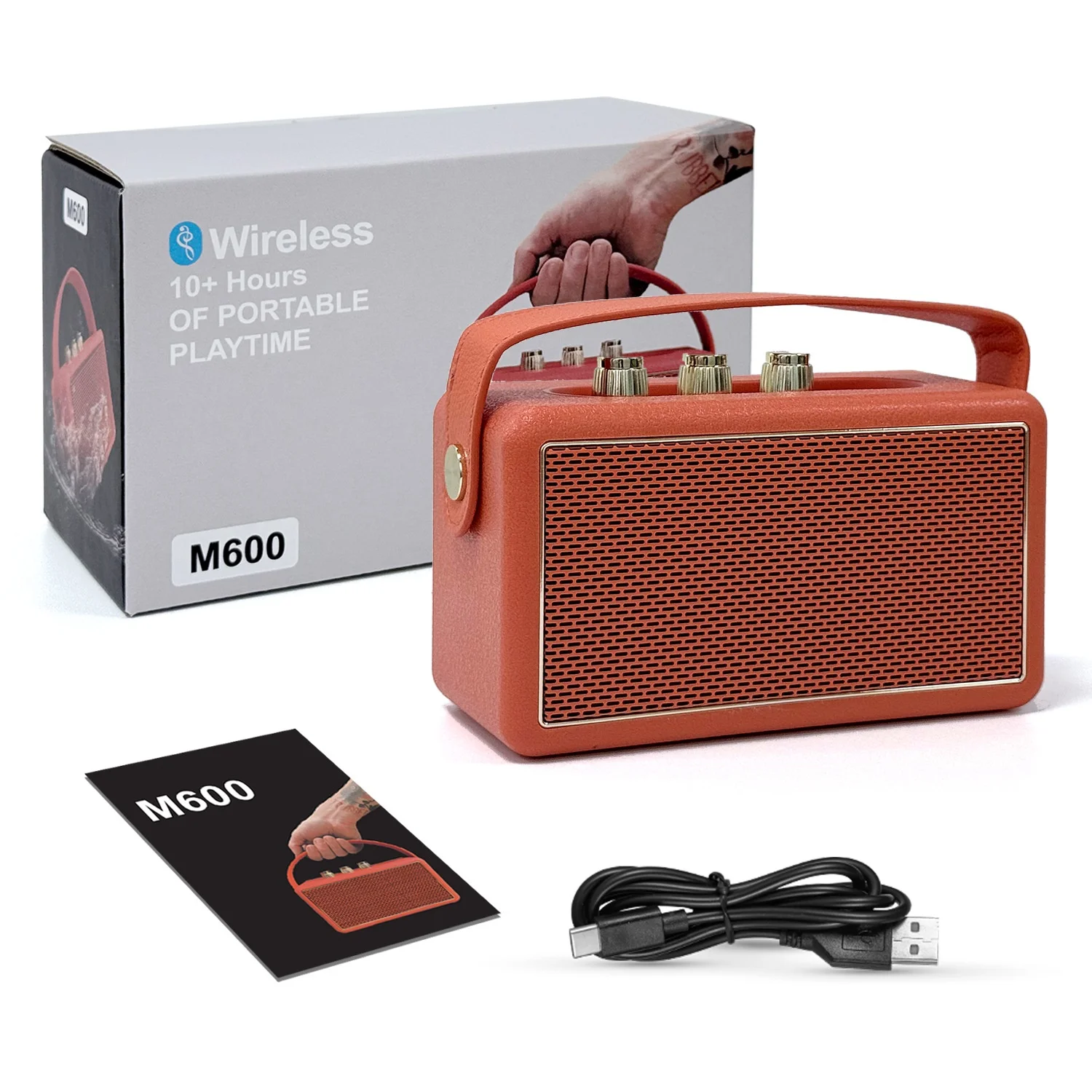 M600 Retro Portable Bluetooth Speaker, 10W Vintage Audio, 10+ Hours Playtime, Splash-Proof Design, Wireless Travel Sound System with Carry Strap
