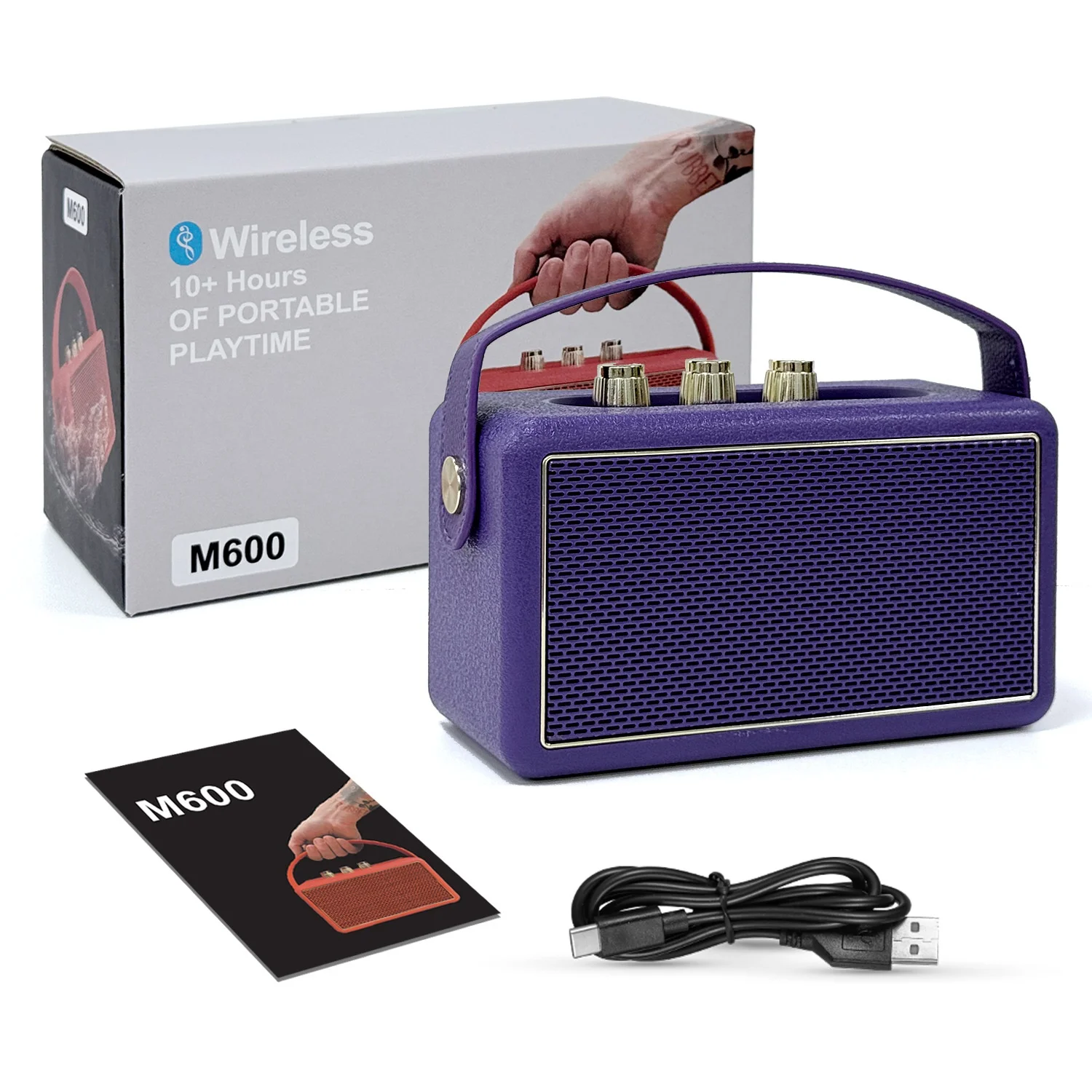 M600 Retro Portable Bluetooth Speaker, 10W Vintage Audio, 10+ Hours Playtime, Splash-Proof Design, Wireless Travel Sound System with Carry Strap