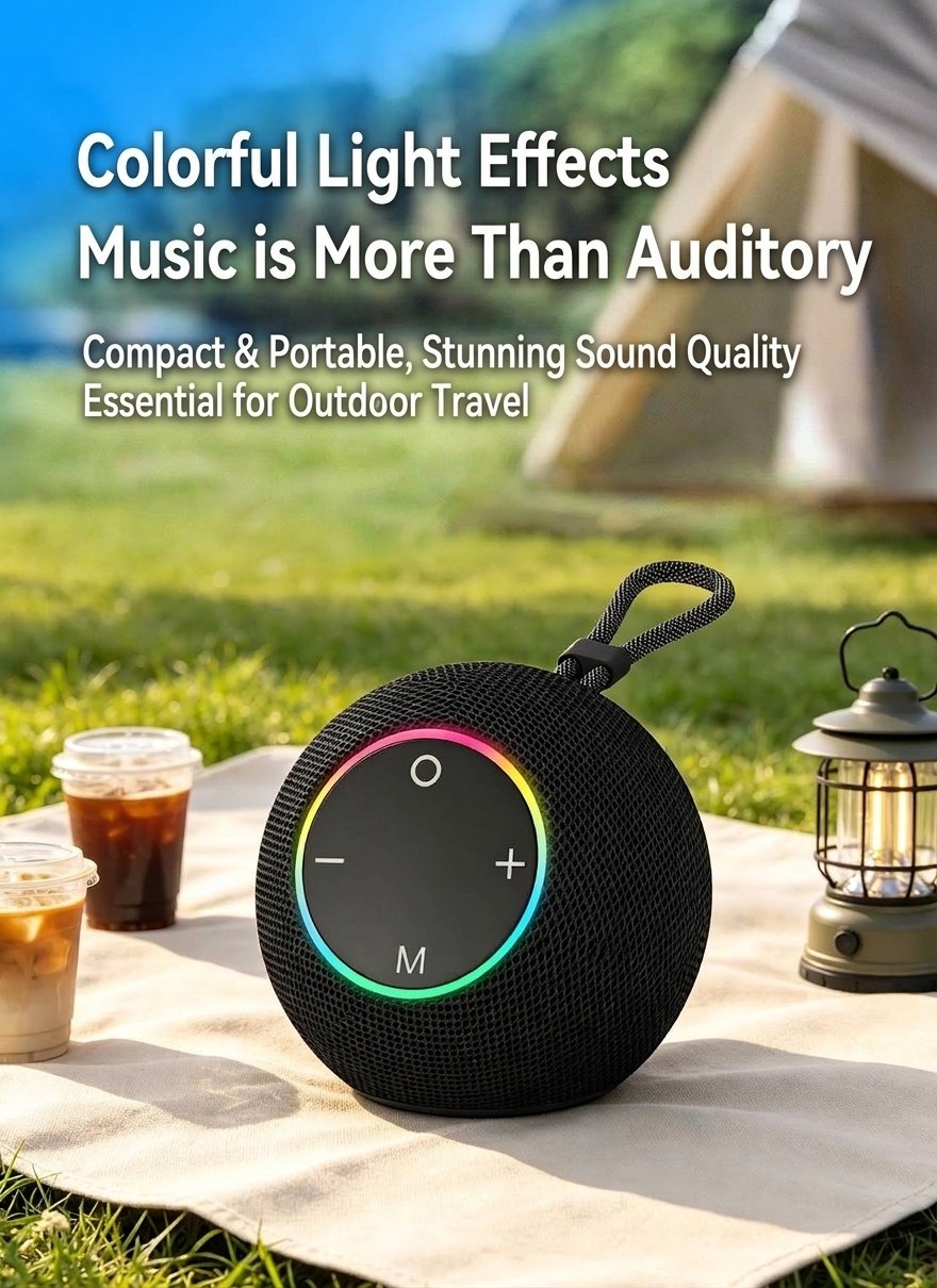 SOM-Max Portable Bluetooth Speaker 6.5W, Vibrant RGB Light, TWS Pairing, 5H Playtime, 15m Range, FM Radio, USB TF Card, Outdoor Speaker with Strap
