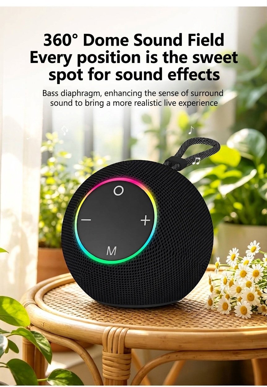 SOM-Max Portable Bluetooth Speaker 6.5W, Vibrant RGB Light, TWS Pairing, 5H Playtime, 15m Range, FM Radio, USB TF Card, Outdoor Speaker with Strap