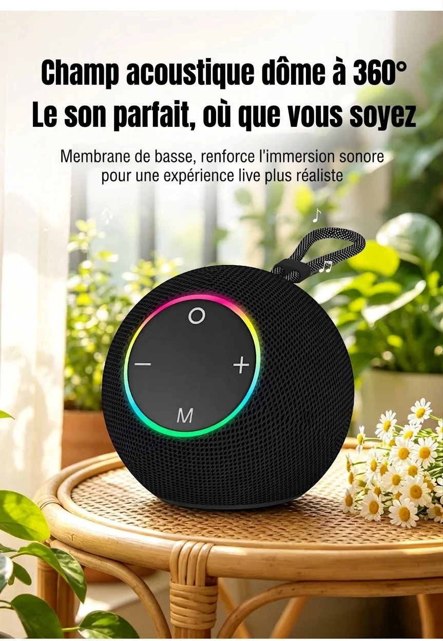 SOM-Max Portable Bluetooth Speaker 6.5W, Vibrant RGB Light, TWS Pairing, 5H Playtime, 15m Range, FM Radio, USB TF Card, Outdoor Speaker with Strap