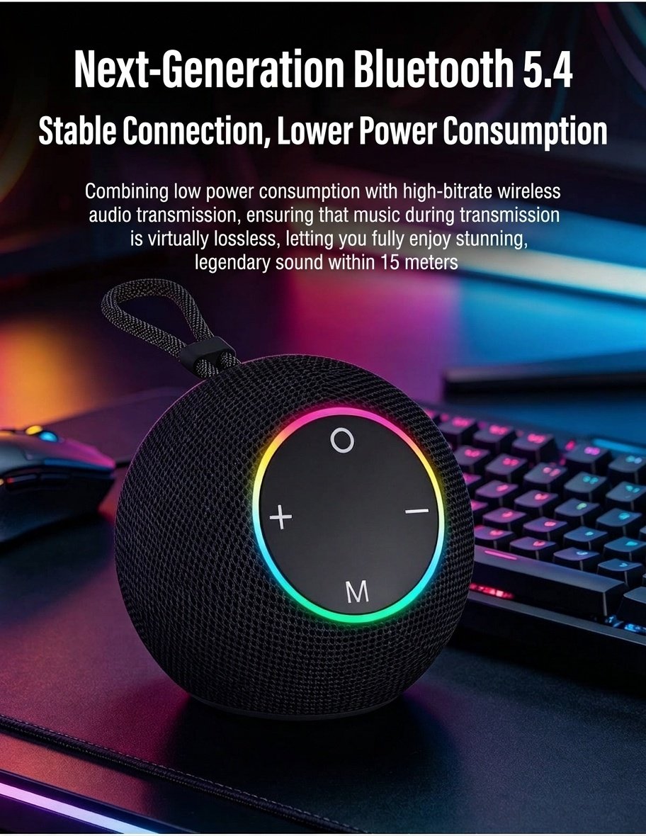 SOM-Max Portable Bluetooth Speaker 6.5W, Vibrant RGB Light, TWS Pairing, 5H Playtime, 15m Range, FM Radio, USB TF Card, Outdoor Speaker with Strap