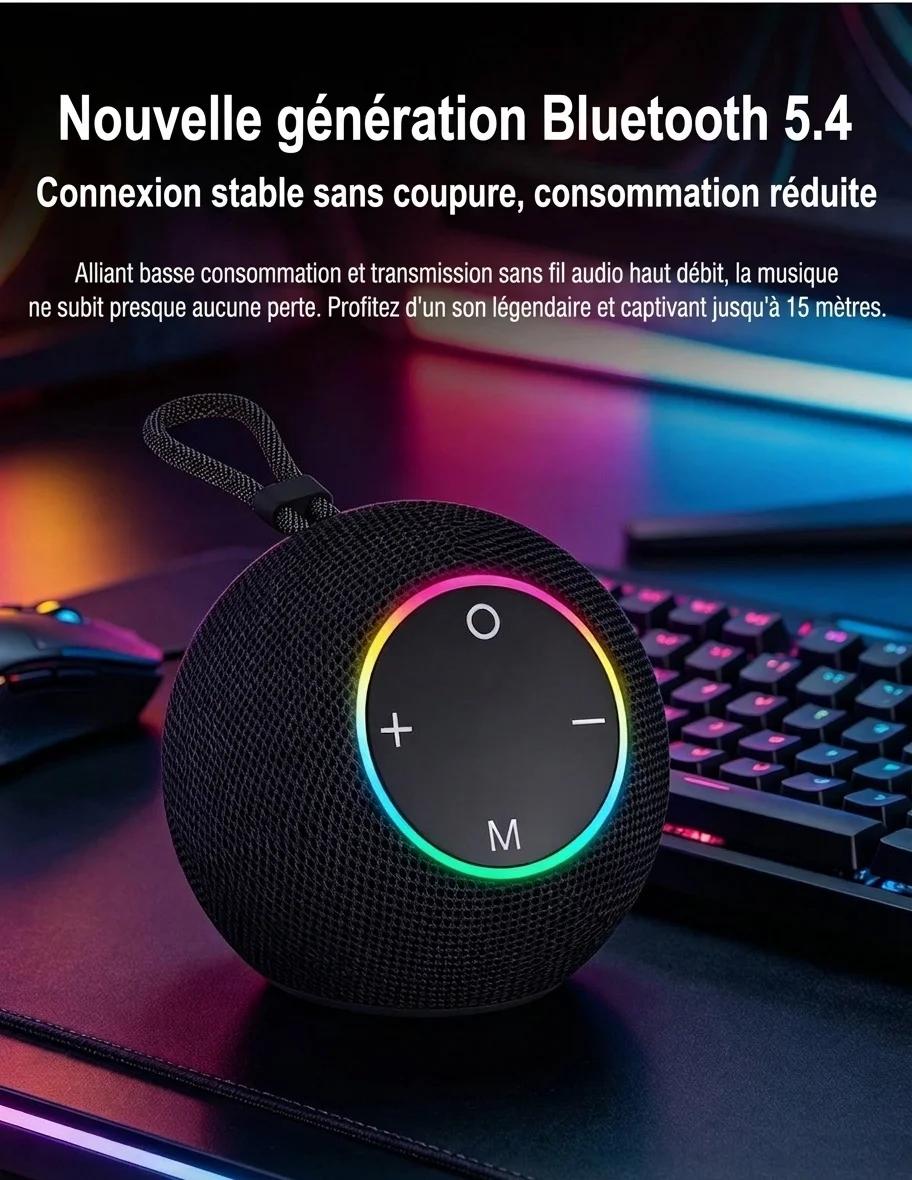 SOM-Max Portable Bluetooth Speaker 6.5W, Vibrant RGB Light, TWS Pairing, 5H Playtime, 15m Range, FM Radio, USB TF Card, Outdoor Speaker with Strap